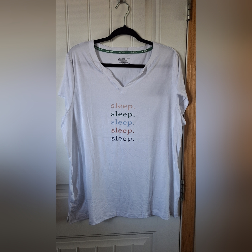 Jockey Women’s XL White V-Neck Top — Sleep Graphic Tee, Short Sleeve